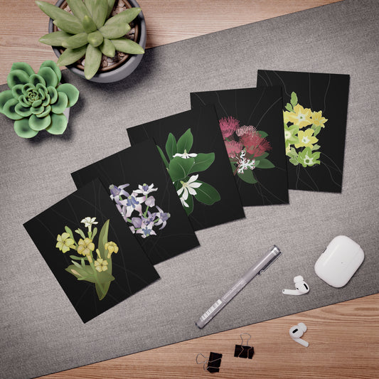 Notecard Set- Hawaii’s Favorite Florals Set 1 in Black: Puakenikeni, Crown Flower, Naupaka, Ohia Lehua, Pakalana Flowers, Variety Pack of 5