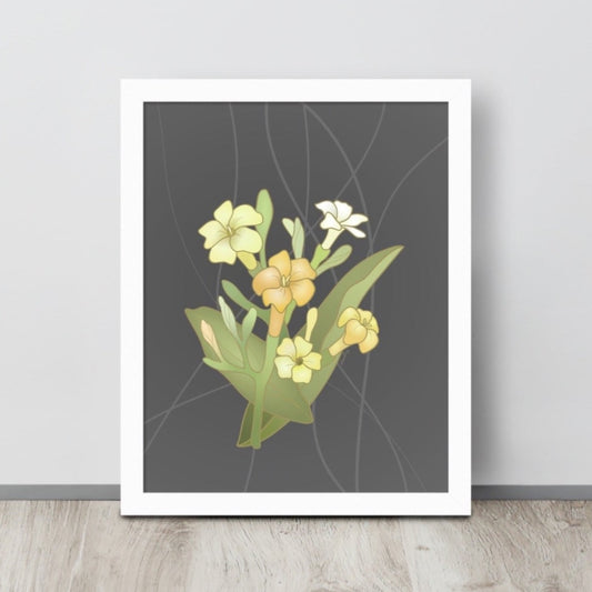 Puakenikeni flower cluster print on neutral gray background.