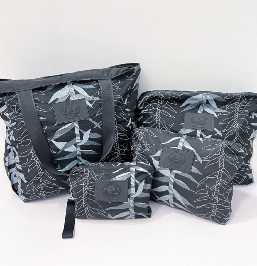 Ti leaf lei tyvek tote bag and matching small, medium and large accessory pouches