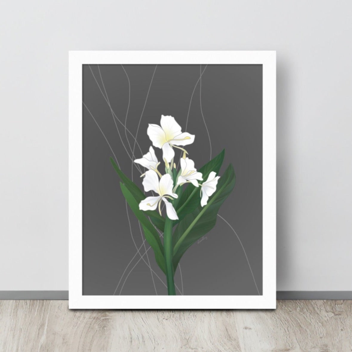 Illustrated white ginger flowers on a leafy stalk. Art print in 8 x 10” size on gray neutral background.