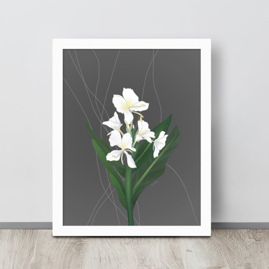 Illustrated white ginger flowers on a leafy stalk.  Art print in 8 x 10” size on gray neutral background.