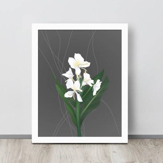 Illustrated white ginger flowers on a leafy stalk.  Art print in 8 x 10” size on gray neutral background. 