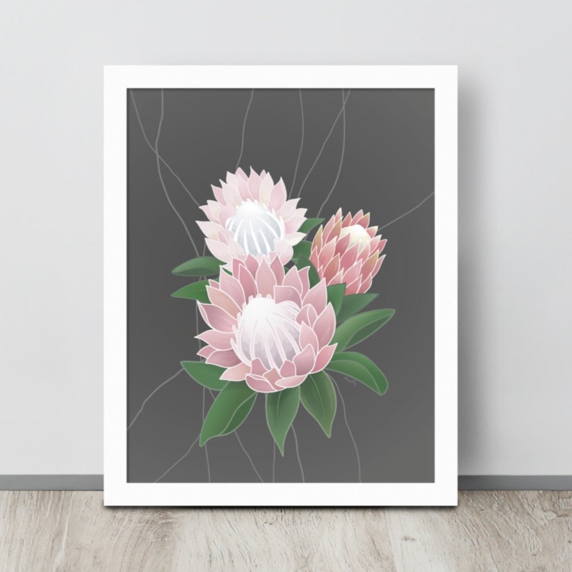 Art print of illustrated King Proteas in varying shades of pink on a gray neutral background.