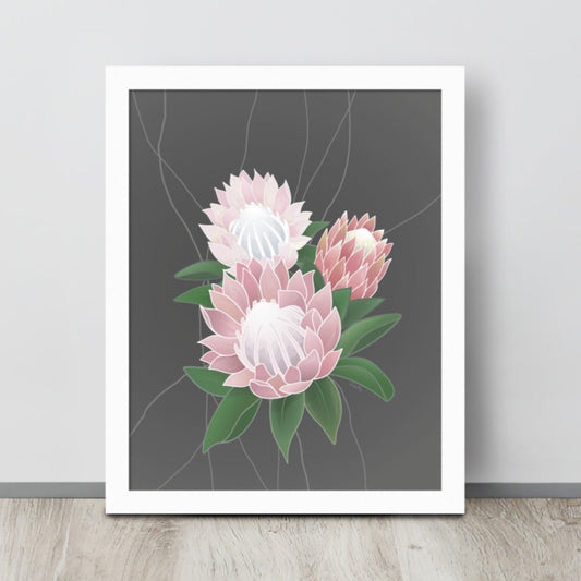 Art print of illustrated King Proteas in varying shades of pink on a gray neutral background.
