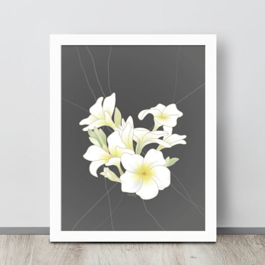 White and yellow plumeria flowers and buds illustrated on a gray neutral background.  Art print shown in 8 x 10” size with white frame.