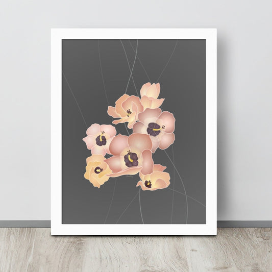 8 x 10 “ art print of peach colored Hau, Hibiscus flower blossoms illustrated on a gray neutral background.