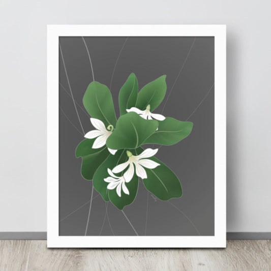 Wall art print of illustrated Naupaka flowers in a leafy bush.  Medium gray neutral background.