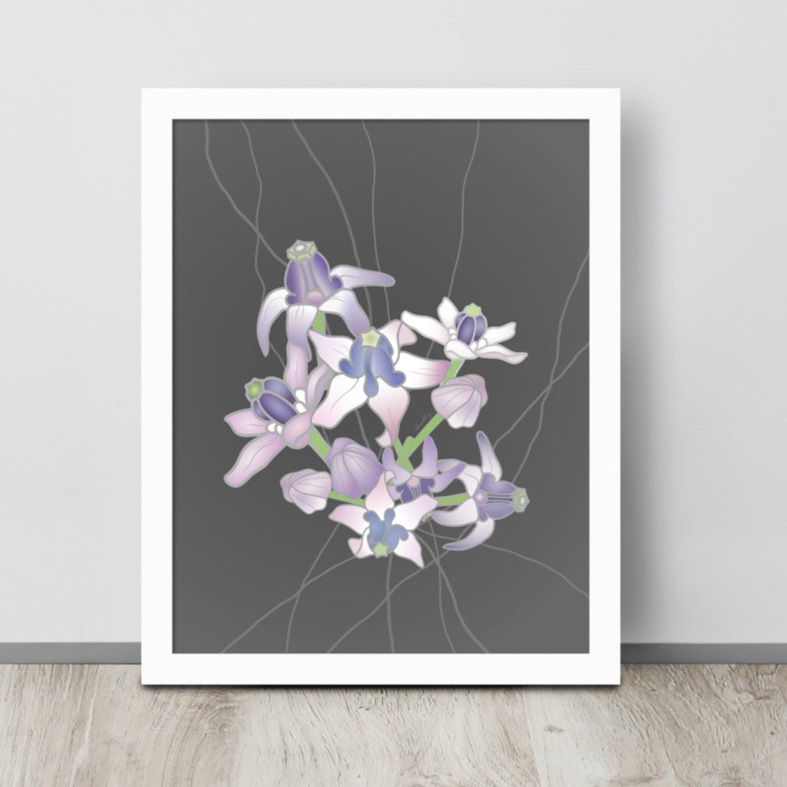 Art print of pinkish purple crown flowers clustered on a neutral gray background.
