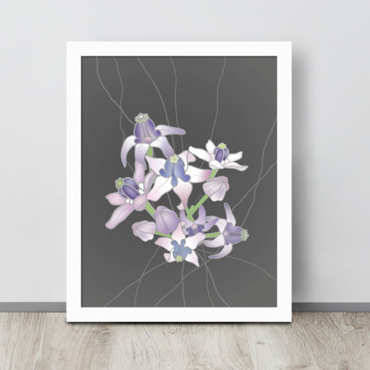 Art print of pinkish purple crown flowers clustered on a neutral gray background.