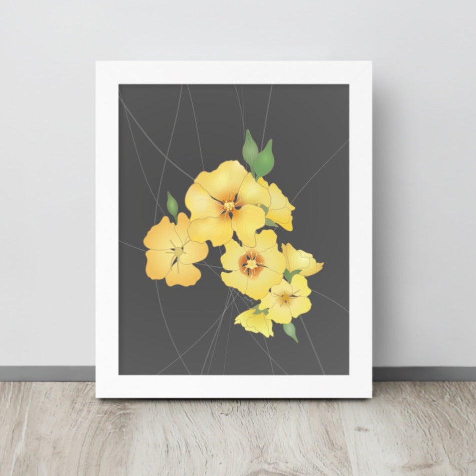 Yellow ilima flowers illustrated in a cascading cluster on a gray neutral background. 8 x 10” size shown.