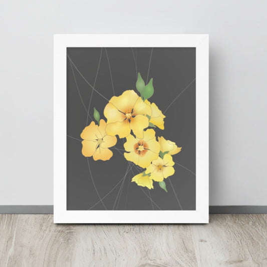 Yellow ilima flowers illustrated in a cascading cluster on a gray neutral background.  8 x 10” size shown. 