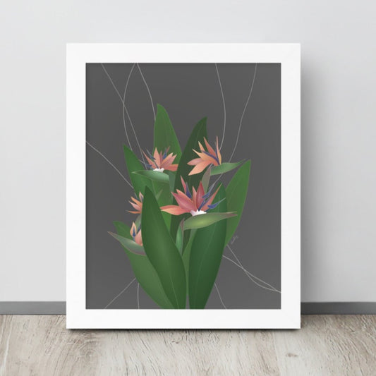 Illustrated bird of paradise flowers in delicate peach and orange shades, hidden among tall leaves.  Art print with gray background in 5x 7”,  8x10” or 11x 14”.
