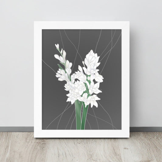 Illustrated tuberose flower stalks on a gray neutral background.  Art print shown in 8 x 10 “.