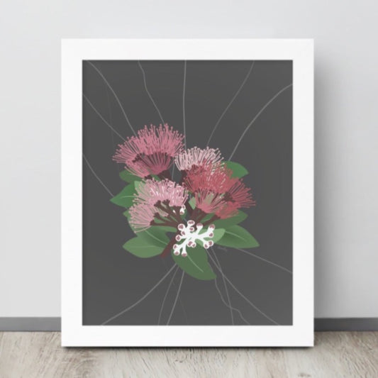 Illustration of pink and red ohia lehua blossoms and white buds on a branch.  Art print on a gray neutral background.