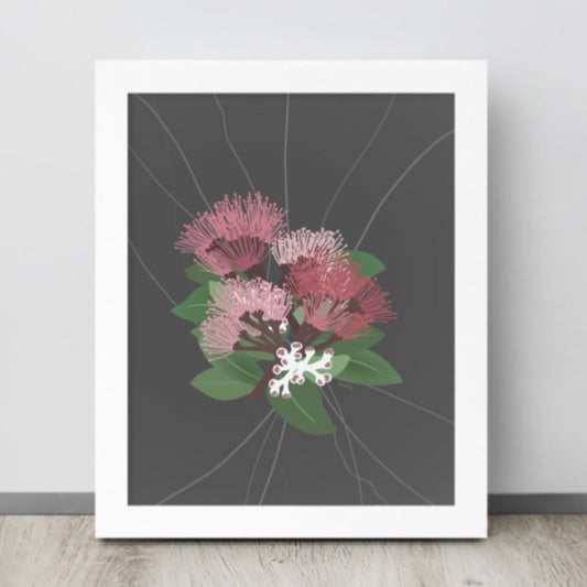 Illustration of pink and red ohia lehua blossoms and white buds on a branch.  Art print on a gray neutral background. 