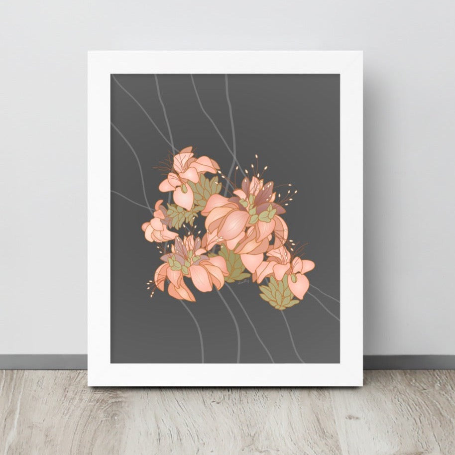 Illustration of clustered light orange wili wili flowers on a gray background. Thin, light gray lines in the background make for a modern touch.