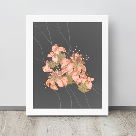Illustration of clustered light orange wili wili flowers on a gray background.  Thin, light gray lines in the background make for a modern touch.