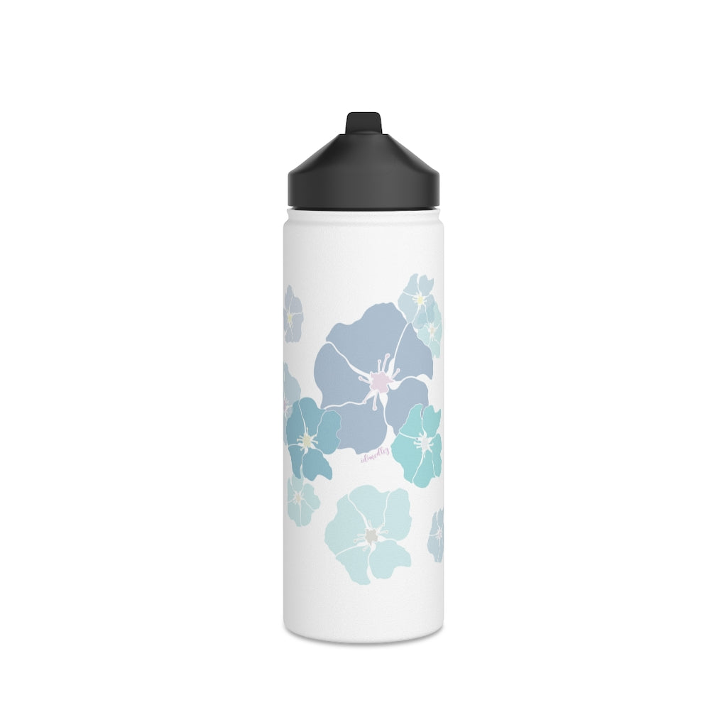Water Bottle, 3 sizes, Stainless Steel with Sip Straw- Ilima Flower (Blues)