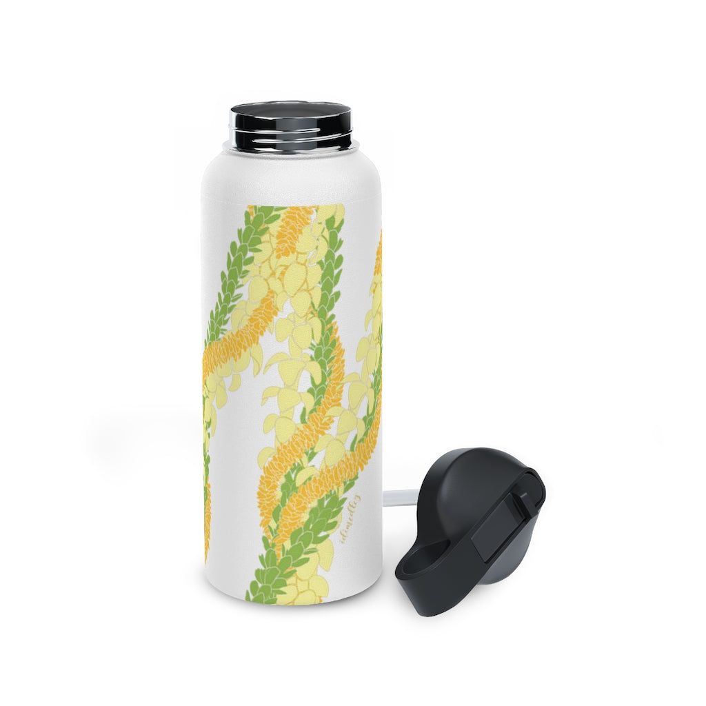 Water Bottle with Sip Straw- Triple Strand Ilima, Pakalana and Puakenikeni Leis (White)