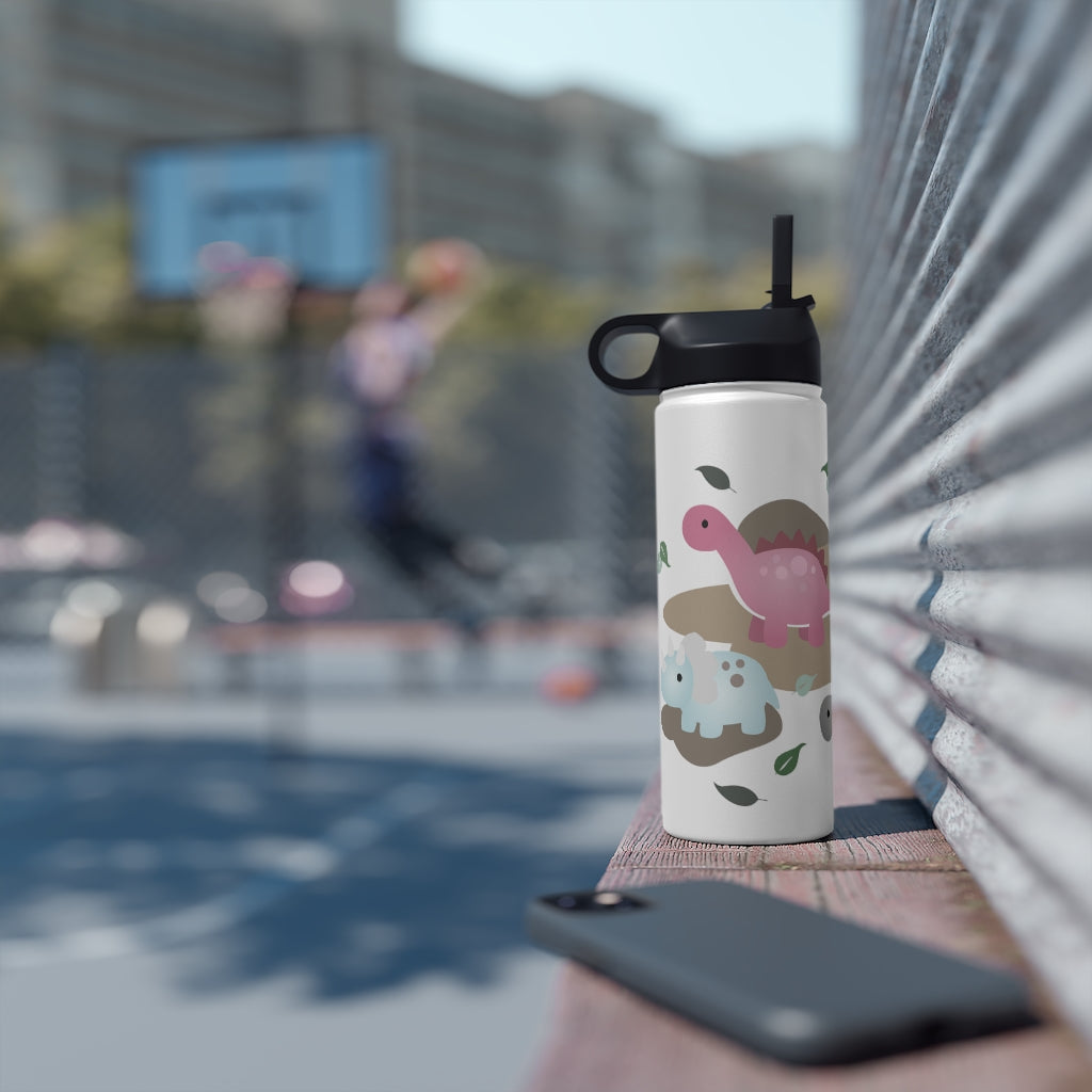 Water Bottle, 3 sizes, Stainless Steel with Sip Straw- Dinos in Paradise