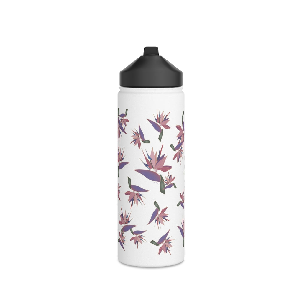 Water Bottle, 3 sizes, Stainless Steel with Sip Straw- Bird of Paradise