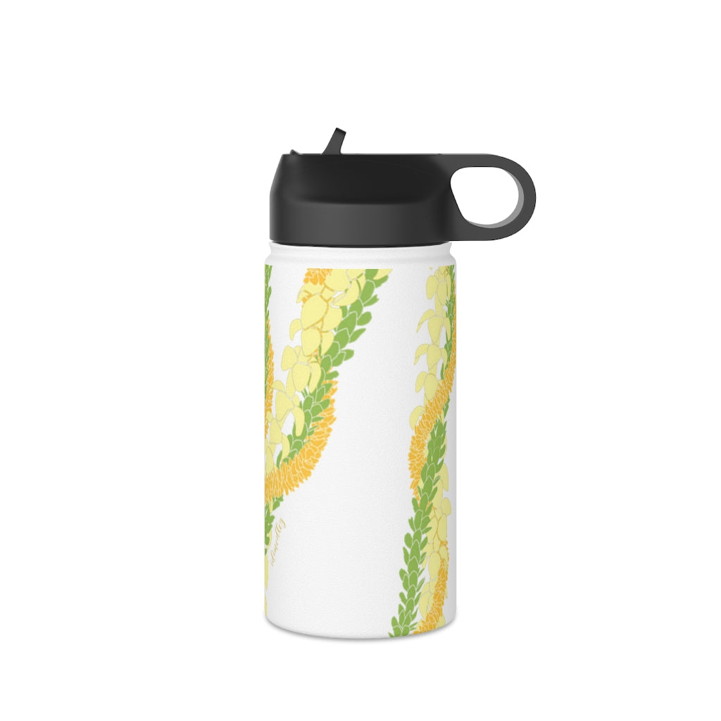 Water Bottle with Sip Straw- Triple Strand Ilima, Pakalana and Puakenikeni Leis (White)