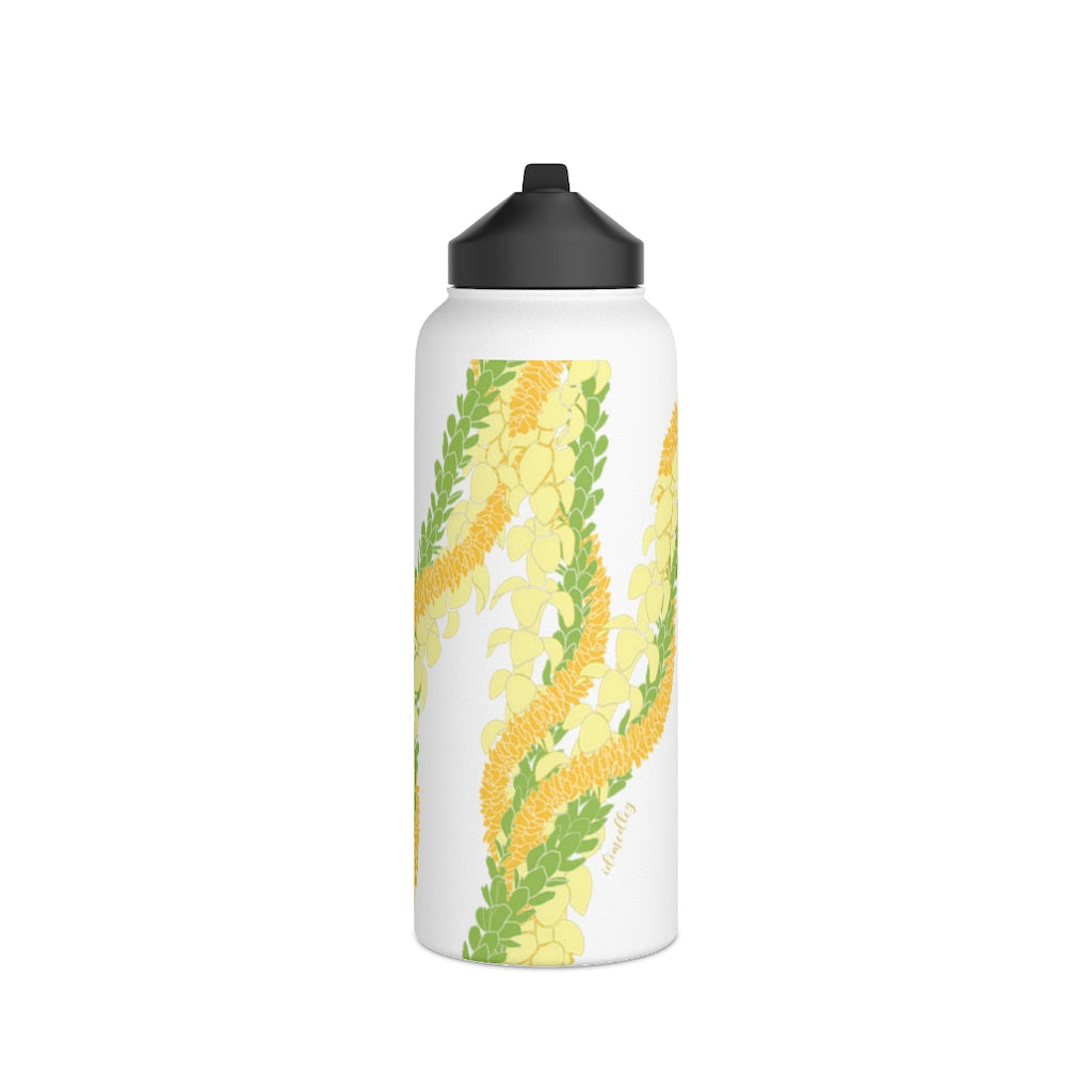 Water Bottle with Sip Straw- Triple Strand Ilima, Pakalana and Puakenikeni Leis (White)