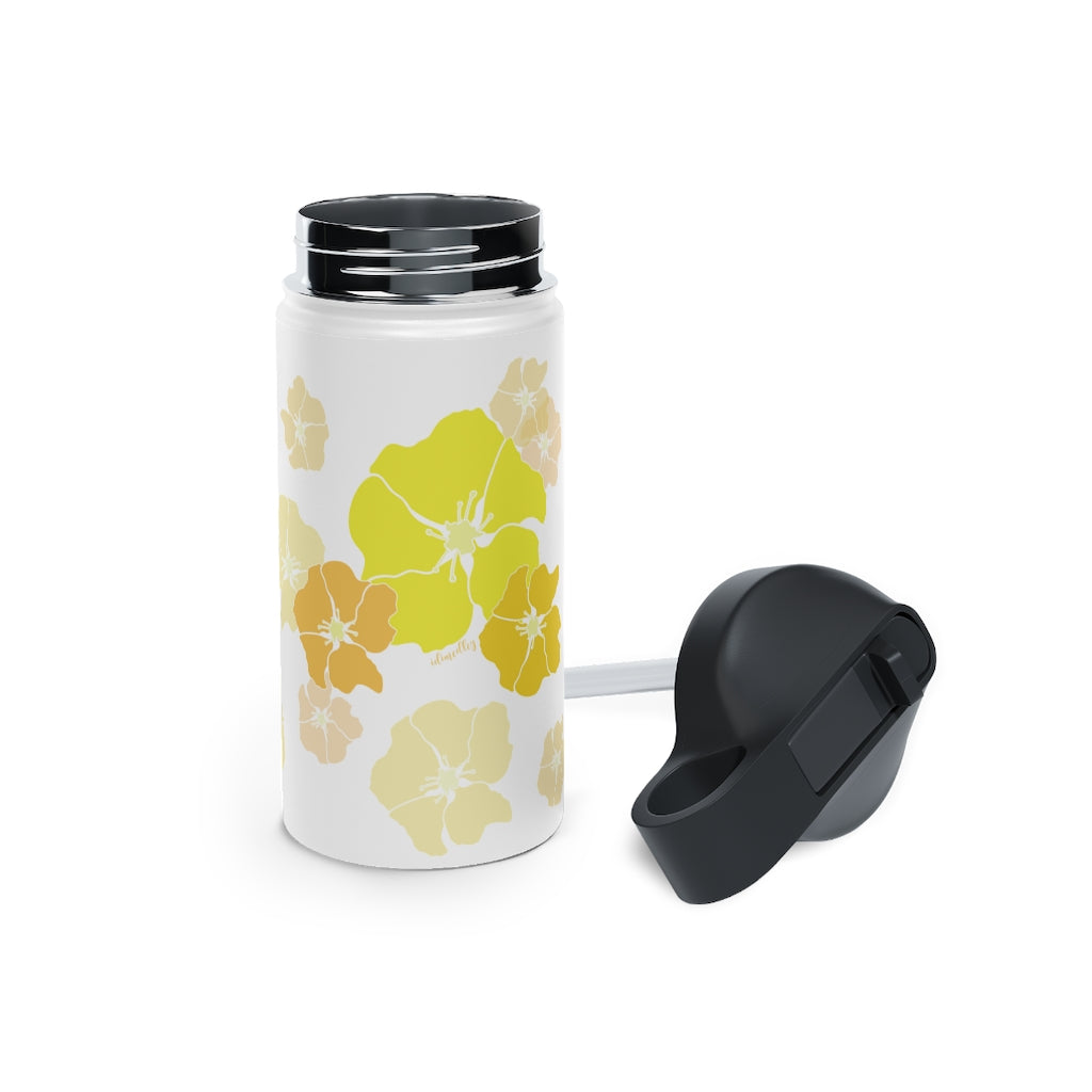 Water Bottle, 3 sizes, Stainless Steel with Sip Straw- Ilima Flower Flurries