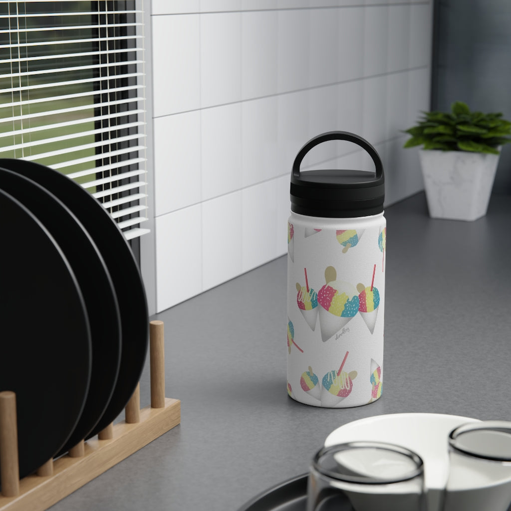 Water Bottle, 3 sizes, Stainless Steel with Handle Lid- Rainbow Shave Ice/Snow Cone Flurries