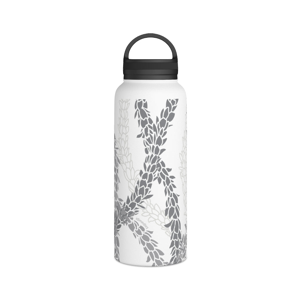 Water Bottle, 3 sizes, Stainless Steel with Handle Lid- Pikake Wishes (Gray)