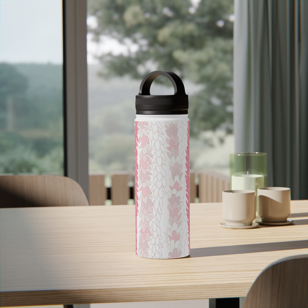 Water Bottle, 3 sizes, Stainless Steel with Handle Lid- Pakalana Lei Stringing Pink