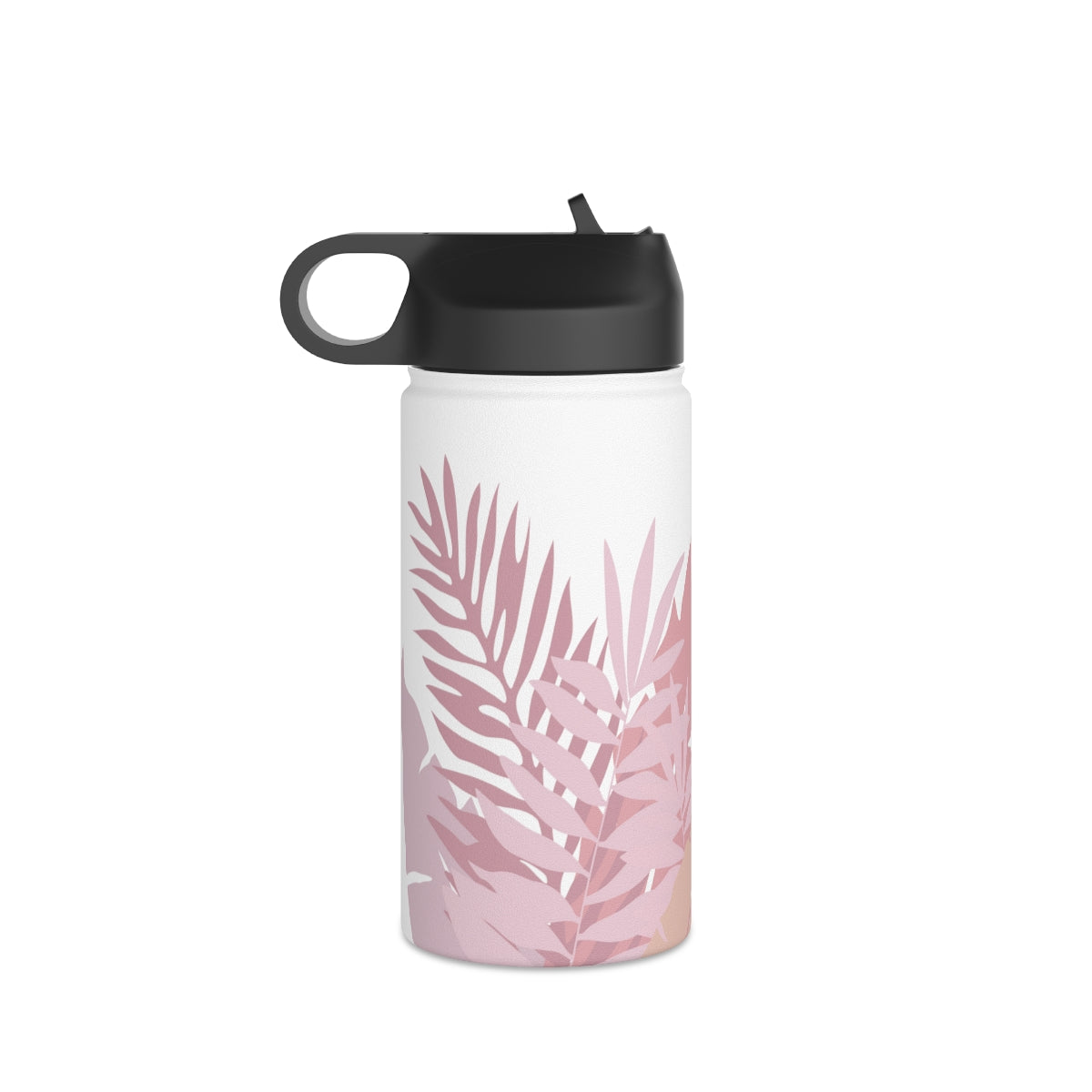 Water Bottle, 3 sizes, Stainless Steel with Sip Straw- Whispering Leaves in Pink