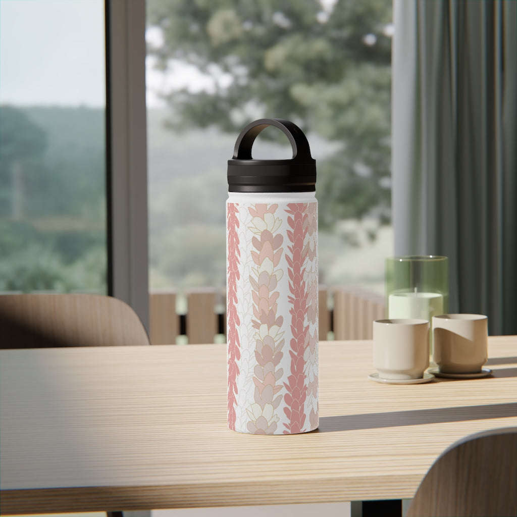 Water Bottle, 3 sizes, Stainless Steel with Handle Lid- Pakalana Lei Stringing Peach