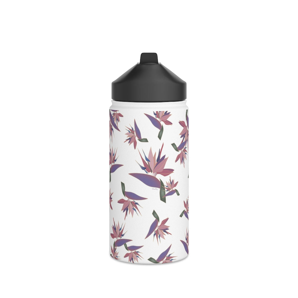 Water Bottle, 3 sizes, Stainless Steel with Sip Straw- Bird of Paradise