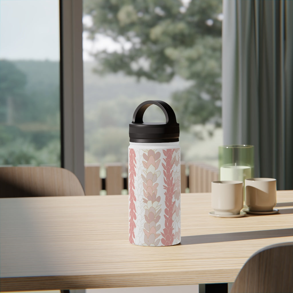Water Bottle, 3 sizes, Stainless Steel with Handle Lid- Pakalana Lei Stringing Peach