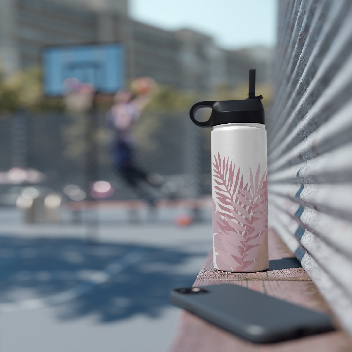 Water Bottle, 3 sizes, Stainless Steel with Sip Straw- Whispering Leaves in Pink