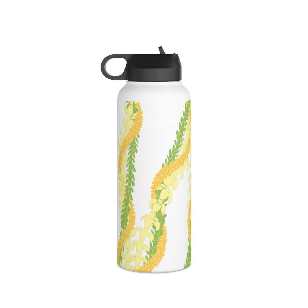 Water Bottle with Sip Straw- Triple Strand Ilima, Pakalana and Puakenikeni Leis (White)