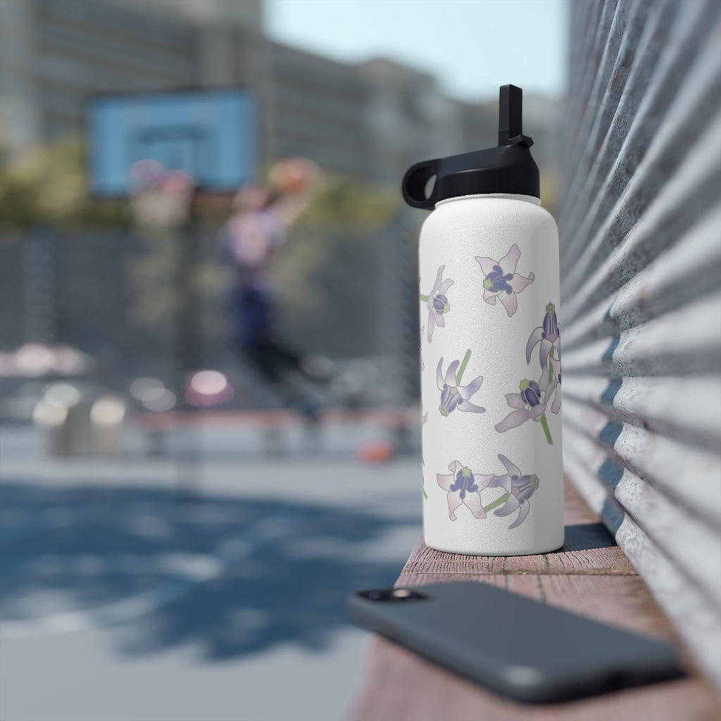 Water Bottle, 3 sizes, Stainless Steel with Sip Straw- Crown Flower Flurries