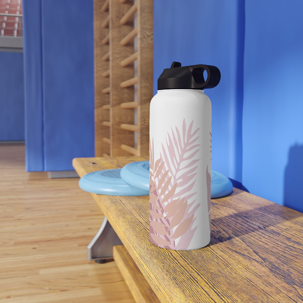 Water Bottle, 3 sizes, Stainless Steel with Sip Straw- Whispering Leaves in Pink