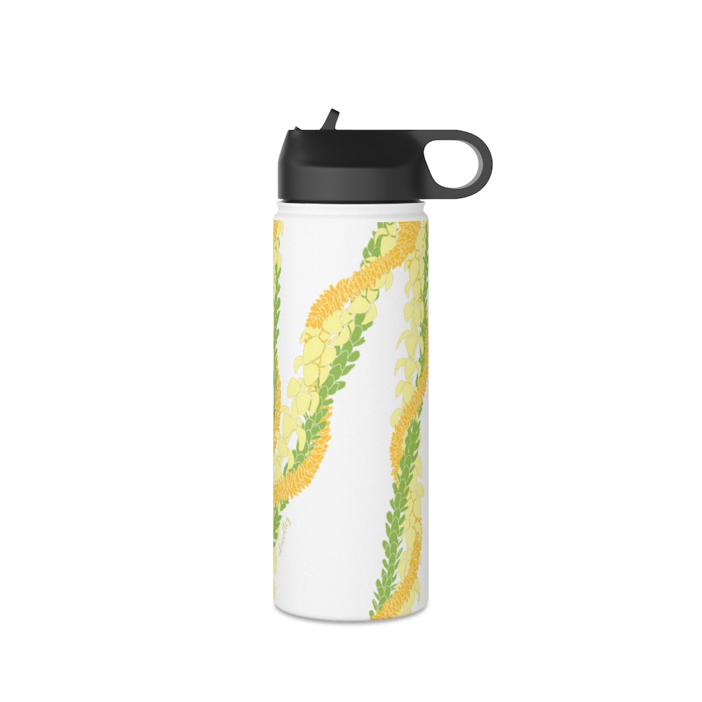 Water Bottle with Sip Straw- Triple Strand Ilima, Pakalana and Puakenikeni Leis (White)