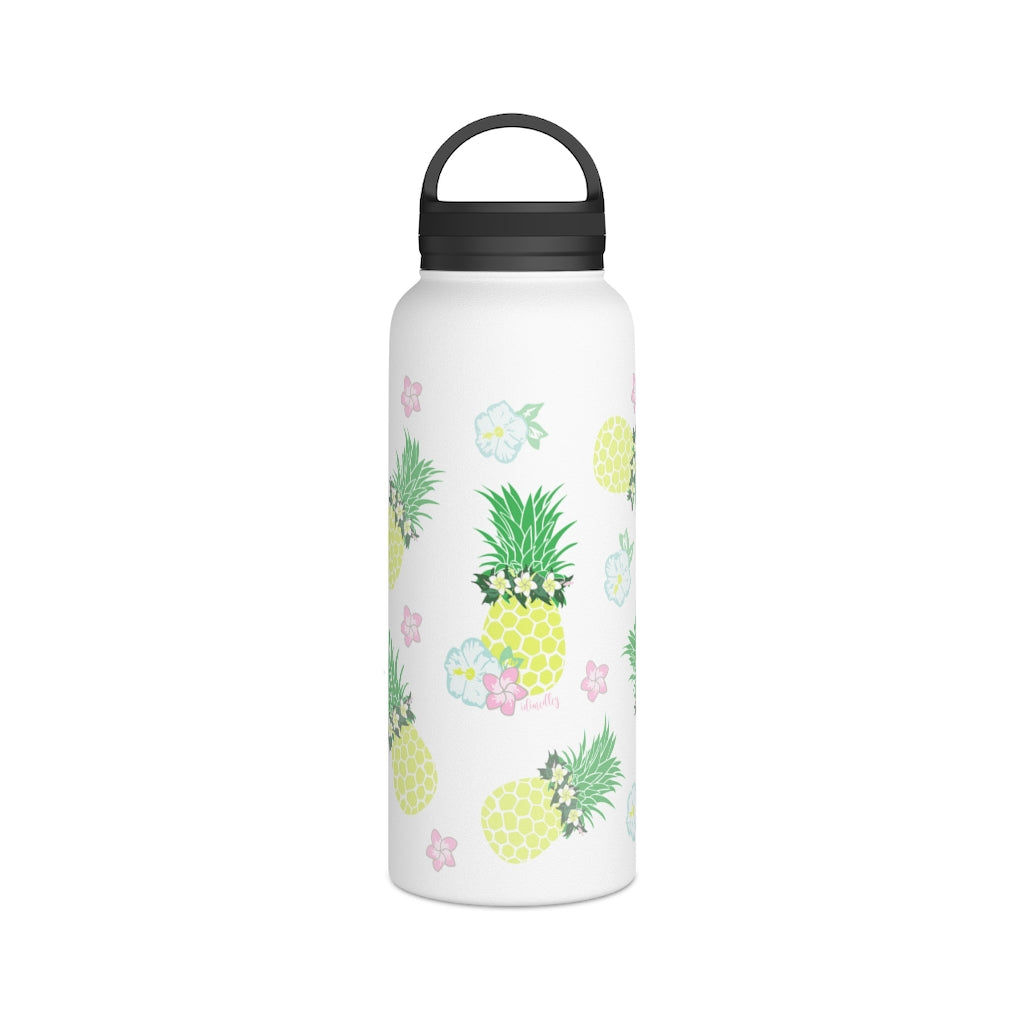 Water Bottle, 3 sizes, Stainless Steel with Handle Lid- Pineapple Party Flurries