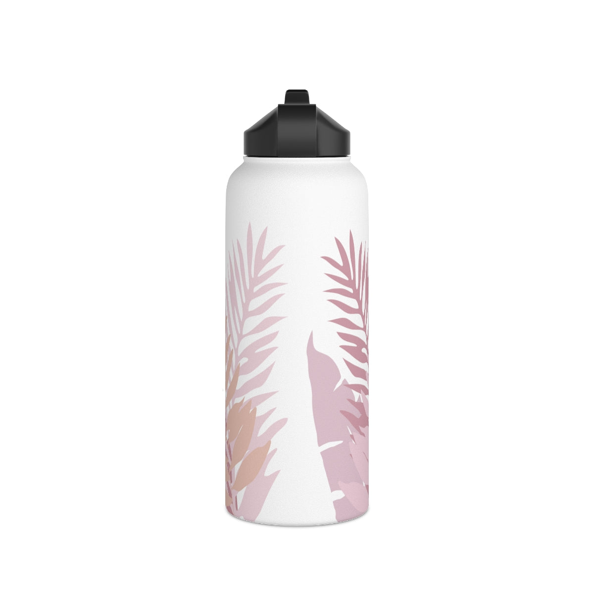 Water Bottle, 3 sizes, Stainless Steel with Sip Straw- Whispering Leaves in Pink
