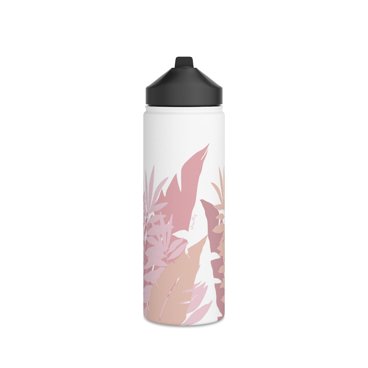 Water Bottle, 3 sizes, Stainless Steel with Sip Straw- Whispering Leaves in Pink