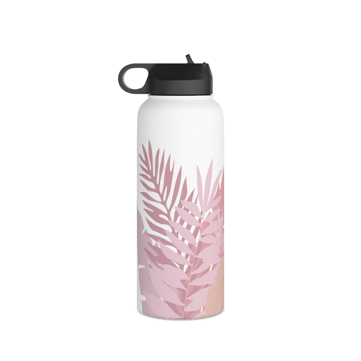 Water Bottle, 3 sizes, Stainless Steel with Sip Straw- Whispering Leaves in Pink