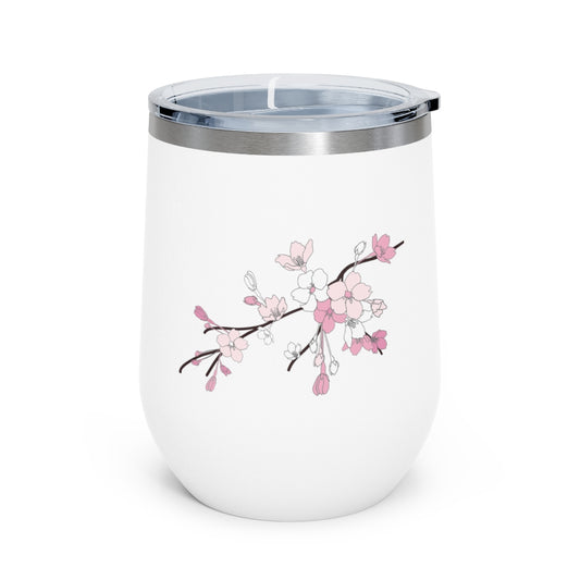 White 12 oz insulated wine tumbler with clear lid and pink and white sakura blooms on a branch.