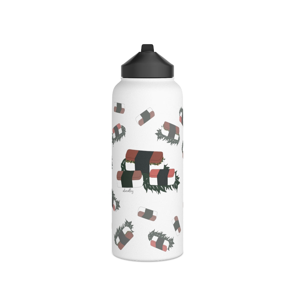 Water Bottle, 3 sizes, Stainless Steel with Sip Straw- Hawaii Musubi Flurries