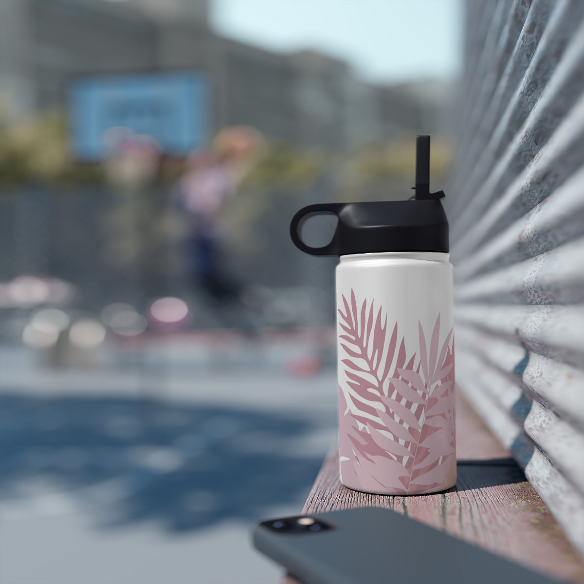 Water Bottle, 3 sizes, Stainless Steel with Sip Straw- Whispering Leaves in Pink