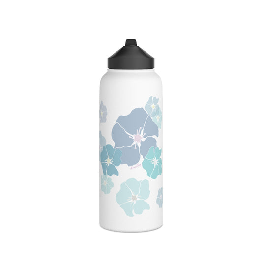 Water Bottle, 3 sizes, Stainless Steel with Sip Straw- Ilima Flower (Blues)
