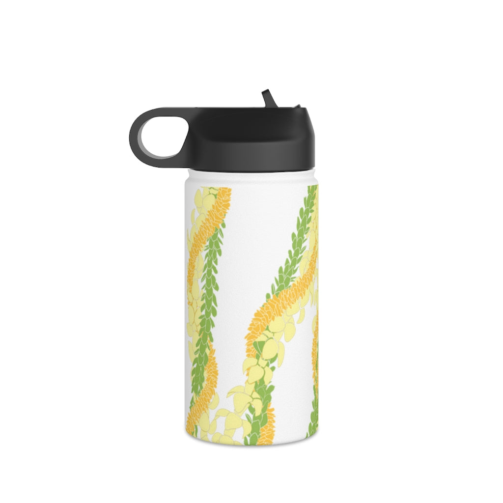 Water Bottle with Sip Straw- Triple Strand Ilima, Pakalana and Puakenikeni Leis (White)