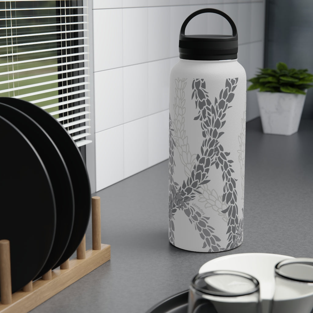 Water Bottle, 3 sizes, Stainless Steel with Handle Lid- Pikake Wishes (Gray)